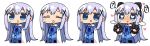  1girl :d :o ? bangs blue_bow blue_eyes blue_hair blue_vest blush bow chibi closed_eyes collared_shirt dress_shirt eyebrows_visible_through_hair facing_viewer gloves gochuumon_wa_usagi_desu_ka? hair_between_eyes hair_ornament hands_up heart heart-shaped_pupils kafuu_chino kanikama long_hair long_sleeves looking_at_viewer multiple_views nose_blush open_mouth parted_lips paw_gloves paws rabbit_house_uniform shirt sidelocks simple_background smile spoken_question_mark sweat symbol-shaped_pupils uniform very_long_hair vest waitress white_background white_shirt x_hair_ornament 