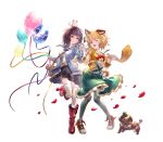  2girls animal_ears animal_on_head bag balloon bangs black_hair black_legwear blonde_hair blue_bow blush boots bow braid breasts buttons dog dog_ears dog_tail erune eyebrows_visible_through_hair flower full_body granblue_fantasy green_skirt hair_flower hair_ornament handbag highres long_sleeves looking_at_viewer mouse multiple_girls on_head one_eye_closed open_mouth pantyhose petals red_eyes red_footwear shirt short_hair simple_background skirt small_breasts smile tail thighhighs vajra_(granblue_fantasy) vikala_(granblue_fantasy) white_background white_legwear white_shirt yu_pian zettai_ryouiki 
