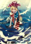  1girl absurdres american_flag_dress american_flag_legwear bird blonde_hair clownpiece day feathers hat highres jester_cap light_rays long_hair looking_at_viewer neck_ruff open_mouth outdoors pantyhose partially_submerged purple_headwear red_eyes ripples short_sleeves sunbeam sunlight takushiima touhou water 