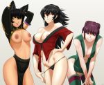  3girls animal_ears arms_behind_head arms_up black_hair breasts cat_ears cat_girl character_request cleavage earrings jewelry kali_belladonna long_hair looking_at_viewer multiple_girls navel nipples no_pants panties panty_pull ponytail purple_eyes purple_hair raven_branwen red_eyes rwby short_hair sinccubi smile smirk tongue tongue_out underwear yellow_eyes 