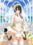  1girl agent_(girls_frontline) bare_shoulders black_hair blush bouquet breasts bridal_gauntlets bridal_veil church double_bun flower garter_straps girls_frontline hair_between_eyes head_wreath highres jewelry lace lace-trimmed_legwear looking_at_viewer mechanical_arm medium_breasts moran_(pixiv27824646) navel_cutout pew ring side_ponytail skirt skirt_lift smile solo thighhighs veil wedding_ring yellow_eyes 