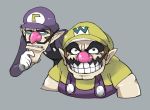  2boys absurdres big_nose black_eyes brown_hair chillarism chin_stroking cropped_torso gloves grey_background grin half-closed_eyes hand_up hat highres long_sleeves looking_to_the_side male_focus mario_(series) multiple_boys overalls parted_lips pointy_ears purple_headwear purple_shirt raised_eyebrow shirt short_hair short_sleeves simple_background smile teeth upper_body waluigi wario white_gloves yellow_headwear yellow_shirt 