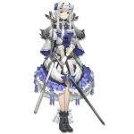  1girl arknights bangs bibeak_(arknights) black_footwear blue_dress blue_flower blue_rose boots bow breasts capelet dress eyebrows_visible_through_hair flower full_body gloves grey_eyes hair_bow hair_flower hair_ornament holding holding_sword holding_weapon long_hair looking_at_viewer medium_breasts official_art petticoat puffy_short_sleeves puffy_sleeves rayvon rose scabbard sheath short_sleeves sidelocks silver_hair solo standing sword transparent_background weapon white_bow white_capelet white_gloves 