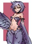 1girl arm_belt breasts closed_mouth feathered_wings grey_feathers grey_hair harpy looking_at_viewer monster_girl multicolored_hair navel nude original red_background short_hair simple_background slit_pupils small_breasts smile solo standing streaked_hair wings yellow_eyes zakusi 