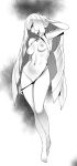  1girl arm_behind_head arm_up armpits ban bangs bare_shoulders barefoot blush breasts feet full_body greyscale hair_over_one_eye highres large_breasts legs long_hair looking_at_viewer lusamine_(pokemon) monochrome navel nipples panties panty_pull pokemon pokemon_(game) pokemon_sm smile solo underwear very_long_hair 