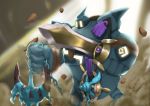  aegislash anchor atorot chain commentary_request creature dhelmise gen_5_pokemon gen_6_pokemon gen_7_pokemon golurk holding holding_chain holding_pokemon holding_sword holding_weapon no_humans pokemon pokemon_(creature) rock standing sword weapon 