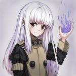  1girl closed_mouth fire_emblem fire_emblem:_three_houses garreg_mach_monastery_uniform grey_background highres long_hair long_sleeves lysithea_von_ordelia nyanafk pink_eyes simple_background smile solo uniform upper_body white_hair 