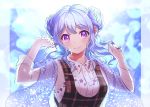  1girl alternate_hairstyle bang_dream! bangs belt blue_hair blush braid check_commentary clenched_hand closed_mouth collared_shirt commentary commentary_request double_bun earrings gen_(gen_m_gen) grey_vest hand_in_hair hand_on_own_chest highres jellyfish jewelry light_blue_hair long_hair long_sleeves looking_at_viewer matsubara_kanon open_mouth plaid plaid_vest purple_eyes see-through_sleeves shawl shirt skirt smile solo vest white_shirt white_skirt 