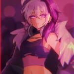  1girl bare_shoulders commentary crop_top earrings english_commentary flower_(vocaloid) fur-trimmed_jacket fur_trim gynoid_talk half-closed_eyes jacket jewelry kolorae1 light_smile looking_at_viewer medium_hair midriff multicolored_hair navel parted_lips purple_eyes purple_hair purple_jacket purple_shirt purple_theme shirt solo streaked_hair upper_body v_flower_(gynoid_talk) v_flower_(vocaloid4) vocaloid white_hair 