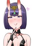  1girl absurdres bob_cut breasts eyebrows_behind_hair eyeshadow fate/grand_order fate_(series) heart highres makeup oni_horns purple_eyes purple_hair red_eyeshadow rei_(rei_rr) short_hair shuten_douji_(fate/grand_order) skin-covered_horns small_breasts smile solo tongue tongue_out upper_body 