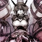  1girl bangs breasts cannon cleavage greyscale hair_between_eyes headgear kantai_collection large_breasts monochrome mutsu_(kantai_collection) nona_(goodboy) radio_antenna remodel_(kantai_collection) rigging short_hair smile solo turret 