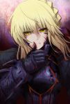  1girl armor armored_dress artoria_pendragon_(all) bangs black_armor blonde_hair braid breasts commentary_request face fate/grand_order fate_(series) frown fujitaka_nasu gauntlets hair_between_eyes highres looking_at_viewer saber_alter solo yellow_eyes 