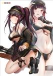  1girl ass bangs bikini black_bikini black_footwear black_headwear black_jacket blunt_bangs blush breasts bullpup closed_mouth color_guide eyebrows_visible_through_hair front-tie_bikini front-tie_top girls_frontline groin gun highleg highleg_bikini jacket large_breasts long_hair long_sleeves multiple_views navel open_clothes open_jacket open_mouth ponytail purple_eyes qian_wu_atai red_eyes red_ribbon ribbon rifle sandals sidelocks simple_background sniper_rifle stomach swimsuit thigh_pouch thigh_strap underboob very_long_hair visor_cap wa2000_(girls_frontline) walther walther_wa_2000 weapon white_background 
