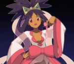  1girl bangs black_hair blue_background bow breasts breasts_apart collarbone condom cowboy_shot cum dark_skin dress gradient gradient_background hand_on_hip holding holding_condom iris_(pokemon) long_hair long_sleeves open_mouth outline parted_bangs pink_bow pink_eyes pokemon pokemon_(game) pokemon_bw ponytail ryunryun shawl small_breasts solo tiara used_condom v-shaped_eyebrows very_long_hair white_dress white_outline wide_sleeves 