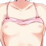  1girl bare_shoulders bow bow_bra bra bra_lift breasts collarbone commentary_request haru_(nature_life) head_out_of_frame nipples original pink_bra simple_background small_breasts solo underwear underwear_only upper_body white_background 