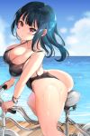  1girl ass bicycle black_swimsuit blue_hair breasts cleavage cloud day from_behind ground_vehicle highleg highleg_swimsuit highres large_breasts long_hair looking_at_viewer looking_back love_live! love_live!_sunshine!! outdoors purple_eyes riding road shiny shiny_hair shiny_skin solo swimsuit tem10 tsushima_yoshiko wet 