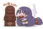  1girl 3d absurdly_long_hair bangs chibi chocolate chocolate_on_face chocolate_statue commentary_request fate/grand_order fate_(series) food food_on_face highres long_hair low-tied_long_hair minamoto_no_raikou_(fate/grand_order) neck_ribbon open_mouth parted_bangs pelvic_curtain purple_eyes purple_hair rei_(rei_rr) ribbon smile solo sparkle statue translation_request very_long_hair 