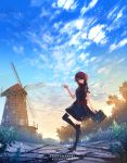  1girl adapted_costume anonamos arknights artist_name bag black_legwear cloud condensation_trail energy_wings exusiai_(arknights) hair_over_one_eye halo highres mountain path petals plant red_eyes red_hair red_sash sash school_bag short_hair smile solo standing standing_on_one_leg sunset thighhighs tree windmill zettai_ryouiki 