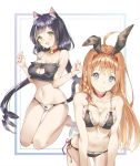  2girls :d ahoge animal_ear_fluff animal_ears ass_visible_through_thighs bangs bare_arms bare_legs bare_shoulders barefoot bell bell_choker black_bra black_hair black_panties blue_eyes blush bra braid breasts brown_hair bunny_ears cat_cutout cat_ears cat_lingerie cat_tail cha_chya choker cleavage cleavage_cutout commentary_request cowboy_shot eyebrows_visible_through_hair fake_animal_ears fake_tail fang frilled_bra frilled_panties frills green_eyes hairband hands_up jingle_bell kneeling kyaru_(princess_connect) large_breasts long_hair looking_at_viewer low_twintails medium_breasts meme_attire multiple_girls navel open_mouth outside_border panties paw_print pecorine princess_connect! princess_connect!_re:dive print_panties red_choker red_hairband side-tie_panties simple_background single_braid smile stomach tail thighs twintails underwear underwear_only very_long_hair white_background white_panties 