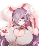  1girl ;) absurdres animal_ears bangs bare_arms bespectacled breasts bunny_ears bursting_breasts buttons cleavage closed_mouth collared_shirt commentary_request flying_button glasses hands_up head_tilt heart heart-shaped_pupils highres huge_breasts long_hair looking_at_viewer necktie necktie_grab neckwear_grab one_eye_closed pink_eyes popped_button purple_hair red-framed_eyewear red_neckwear reisen_udongein_inaba round_eyewear shirt sleeping_ear sleeveless sleeveless_shirt smile solo spoken_heart symbol-shaped_pupils touhou upper_body w white_background wing_collar 