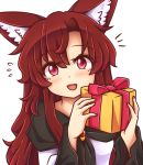  1girl :d animal_ear_fluff animal_ears bangs blush box brooch brown_hair commentary dress eyebrows_visible_through_hair eyelashes fang flying_sweatdrops gift gift_box hair_between_eyes holding holding_box imaizumi_kagerou jewelry long_hair long_sleeves looking_at_viewer open_mouth red_eyes simple_background smile solo touhou upper_body white_background white_dress wolf_ears wool_(miwol) 