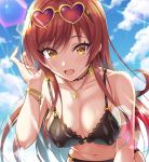  1girl :d bangle bangs bare_shoulders bikini black_bikini blue_sky blush bracelet breasts brown_eyes brown_hair cleavage cloud cloudy_sky collarbone commentary_request covered_nipples day eyebrows_visible_through_hair eyewear_on_head hair_between_eyes hand_up heart heart-shaped_eyewear highres idolmaster idolmaster_shiny_colors jewelry leaning_forward long_hair medium_breasts o-ring o-ring_bikini o-ring_bottom o-ring_top oosaki_amana open_mouth outdoors sky smile solo sunglasses swimsuit urabi_(tomatohouse) very_long_hair 