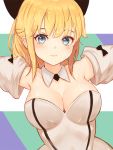  1girl ahoge artoria_pendragon_(all) bangs bare_shoulders blonde_hair blush bow breasts cleavage commentary dress eyebrows_visible_through_hair fate_(series) frown green_eyes hair_bow looking_at_viewer moth1 ponytail puffy_short_sleeves puffy_sleeves saber_lily short_sleeves solo 
