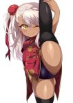  1girl ass bangs black_panties blush breasts china_dress chinese_clothes chloe_von_einzbern closed_mouth covered_nipples cowboy_shot dark_skin dress fate/kaleid_liner_prisma_illya fate_(series) hair_ornament highres holding_leg leg_up long_hair looking_at_viewer one_eye_closed one_side_up panties pink_hair red_dress shimejinameko simple_background small_breasts smile solo split spread_legs standing standing_on_one_leg standing_split thighhighs thighs underwear white_background yellow_eyes 
