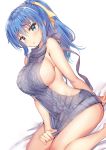  1girl backless_outfit bare_arms bare_shoulders blue_eyes blue_hair breasts dutch_angle frown hair_ribbon highres large_breasts long_hair looking_at_viewer meme_attire no_bra original parted_lips ponytail ribbon sanshoku_amido sideboob simple_background sitting solo thighs virgin_killer_sweater white_background 