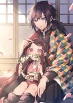  .com_(cu_105) 1boy 1girl bamboo bangs bit_gag black_hair black_jacket black_pants blush brown_hair checkered commentary eyebrows_visible_through_hair flower gag gradient_hair hair_between_eyes hair_ribbon highres holding jacket japanese_clothes kamado_nezuko kimetsu_no_yaiba kimono knees_up long_hair long_sleeves low_ponytail mouth_hold multicolored_hair obi open_clothes pants petals pink_eyes pink_kimono pink_ribbon ponytail puffy_pants purple_eyes ribbon sash swept_bangs symbol_commentary tomioka_giyuu very_long_hair white_flower wide_sleeves 