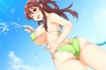  1girl artist_request ass bangs bikini blush breasts brown_eyes brown_hair cloud covered_nipples droplet green_bikini hair_bobbles hair_ornament highres holding_hose hose large_breasts lens_flare long_hair looking_at_viewer one_side_up open_mouth original side-tie_bikini skindentation sky smile solo swimsuit water xenoms 