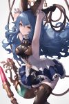  1girl animal_ears armpits arms_up backless_outfit bangs black_gloves blue_hair blush breasts brown_eyes brown_legwear bunny_ears closed_mouth erune ferry_(granblue_fantasy) frilled_gloves frills gloves granblue_fantasy hair_between_eyes highres holding holding_weapon holding_whip inaba_sunimi jewelry long_hair looking_at_viewer medium_breasts sideboob simple_background single_earring smile solo thighhighs wavy_hair weapon whip zettai_ryouiki 
