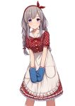  1girl bangs blush dress eyebrows_visible_through_hair hair_ornament hair_ribbon hairband highres idolmaster idolmaster_shiny_colors long_hair looking_at_viewer purple_eyes ribbon silver_hair smile solo standing twintails yahiro_(epicopeiidae) yuukoku_kiriko 