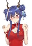  1girl absurdres arknights bangs bare_arms bare_shoulders bead_bracelet beads blue_hair blush bracelet breasts ch&#039;en_(arknights) china_dress chinese_clothes chinese_commentary cleavage cleavage_cutout commentary_request cundang double_bun dragon_horns dress hair_between_eyes hands_up happy_new_year head_tilt highres horns jewelry long_hair medium_breasts new_year red_dress red_eyes sidelocks simple_background sleeveless sleeveless_dress solo sweat twintails upper_body white_background 