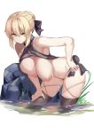  1girl artoria_pendragon_(all) bangs bare_shoulders bikini bikini_lift black_bikini black_bow blonde_hair blush bow braid breasts fate/stay_night fate_(series) french_braid hair_between_eyes hair_bow hair_bun highres large_breasts leaning_forward long_hair looking_at_viewer navel nipples saber_alter sidelocks simple_background solo spider_apple swimsuit thighs wading water white_background yellow_eyes 