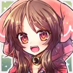  1girl :d animal_hood bangs black_collar blush brown_hair buckle collar commentary_request fangs green_background highres hood hood_up hoodie looking_at_viewer ooka_miko open_mouth partial_commentary pink_eyes pink_hoodie smile solo spispiccc upper_body utau 