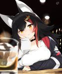  1girl alcohol animal_ear_fluff animal_ears bangs black_hair blurr blush breast_rest breasts closed_mouth collarbone copyright_name counter cup drinking_glass hair_ornament hairclip head_rest highres hololive long_hair long_sleeves looking_at_viewer medium_breasts multicolored_hair nejime ookami_mio red_hair signature solo streaked_hair upper_body virtual_youtuber wolf_ears wolf_girl yellow_eyes 
