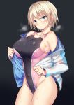  1girl blonde_hair blue_eyes breasts breath collarbone competition_swimsuit cowboy_shot grey_background highres jacket large_breasts multicolored multicolored_clothes multicolored_jacket one-piece_swimsuit original sanshoku_amido short_hair sideboob simple_background solo standing sweat swimsuit two-tone_swimsuit 