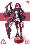  1 1girl black_gloves boots breasts coca-cola gloves heirou high_heels jacket kin_tight long_hair looking_at_viewer medium_breasts navel original red_eyes red_hair strap thigh_boots thighhighs weapon 