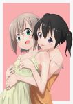  2girls bare_shoulders black_hair breasts camisole collarbone commentary_request green_eyes grey_hair groping hug kohshibasaki kuraue_hinata looking_at_viewer multiple_girls open_mouth pink_background purple_eyes short_hair sleeveless small_breasts spaghetti_strap strap_slip tongue tongue_out twintails yama_no_susume yukimura_aoi 