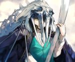  1boy aynoh blue_jacket bone borrowed_character closed_mouth fingernails grey_hair helmet highres holding holding_bone jacket jacket_on_shoulders long_hair male_focus original ribs shaded_face skull solo spine upper_body yellow_eyes 