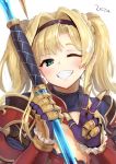  1girl blush braid breasts cleavage cleavage_cutout granblue_fantasy granblue_fantasy_versus grin highres holding holding_weapon polearm smile solo spear toruneko twintails v weapon zeta_(granblue_fantasy) 