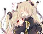  2girls animal_ear_fluff animal_ears bangs black_dress blush cat_ears closed_mouth dress dual_persona hair_between_eyes hug long_hair long_sleeves multiple_girls nayu_(rhododendron) nora_cat nora_cat_channel open_mouth red_eyes silver_hair simple_background smile tail tearing_up upper_body very_long_hair virtual_youtuber white_background 