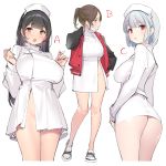  3girls ass bangs black_hair breasts brown_eyes commentary_request cowboy_shot hand_behind_head hands_up hat jacket large_breasts long_hair looking_at_viewer mask mole mole_under_eye multiple_girls nurse nurse_cap open_mouth original parted_bangs pop_kyun short_hair short_ponytail side_slit sidelocks silver_hair standing thighs 
