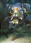  1girl arrow bangs black_gloves blonde_hair boots bow_(weapon) braid breasts brown_footwear cape commentary_request day elf forest gloves green_cape green_eyes hair_ornament highres holding holding_bow_(weapon) holding_weapon knee_up large_breasts long_hair looking_at_viewer nature nonderi original outdoors pointy_ears smile solo standing standing_on_one_leg stone thighhighs tongue tongue_out tree water waterfall weapon 