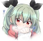  1girl anchovy_(girls_und_panzer) bangs black_ribbon blush breath commentary drill_hair eyebrows_visible_through_hair girls_und_panzer green_hair hair_ribbon katakori_sugita long_hair long_sleeves looking_at_viewer open_mouth portrait red_eyes red_scarf ribbon scarf solo translated twin_drills twintails 