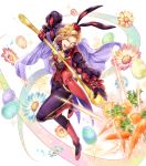  1boy alternate_costume animal_ears blonde_hair boots bow bunny_ears cape carrot easter_egg egg fire_emblem fire_emblem:_the_binding_blade fire_emblem_heroes flower fork full_body gloves hat highres leaf narcian_(fire_emblem) official_art one_eye_closed open_mouth solo sparkle teeth transparent_background yamada_koutarou yellow_eyes 