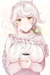  1girl absurdres alternate_costume asymmetrical_bangs bangs blush braid breasts brown_eyes commentary_request cup eyebrows_visible_through_hair highres holding holding_cup kantai_collection large_breasts long_hair long_sleeves mug simple_background single_braid smile solo steam sweater turtleneck turtleneck_sweater unryuu_(kantai_collection) upper_body very_long_hair white_hair white_sweater yunamaro 