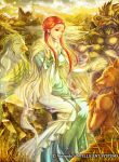  1girl animal_ears ashunera_(fire_emblem) cat_ears circlet closed_eyes cloud dress fangs feathered_wings feathers fire_emblem fire_emblem:_radiant_dawn fire_emblem_cipher furry grass long_hair official_art open_mouth orange_hair red_eyes sitting sky solo sparkle takaya_tomohide water wings 