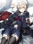  1girl artoria_pendragon_(all) bed black_legwear blonde_hair blue_choker blurry bunbun bunk_bed choker commentary depth_of_field fate/grand_order fate_(series) frown hand_on_own_stomach highres jacket looking_at_viewer lying mysterious_heroine_x_(alter) on_back scarf scarf_removed school_uniform semi-rimless_eyewear serafuku short_hair skirt solo thighhighs thighs yellow_eyes zettai_ryouiki 